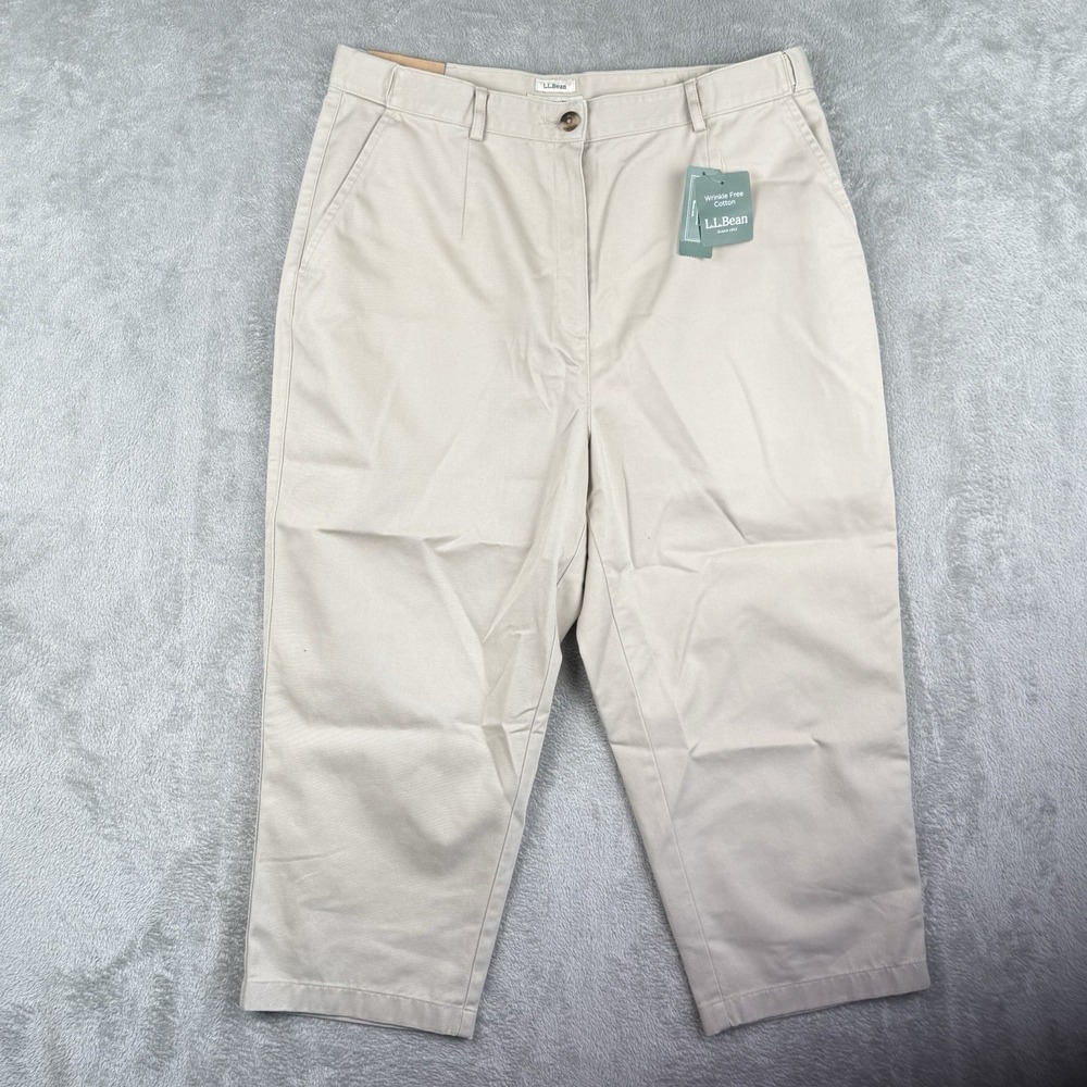 L.L. Bean Crop Pants Women 16 Petite Khaki Original Fit Wrinkle Free Cotton NWT